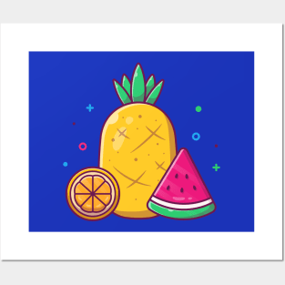 Pineapple, Orange With Watermelon Cartoon Posters and Art